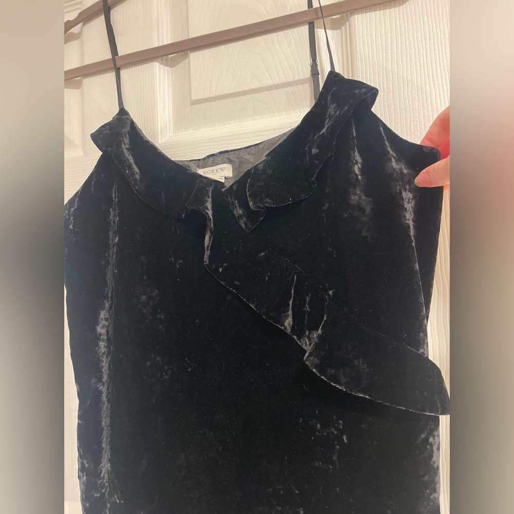 J Crew Crushed Velvet Black Tank Top With Ruffle Detail- Spaghetti Strap- Medium